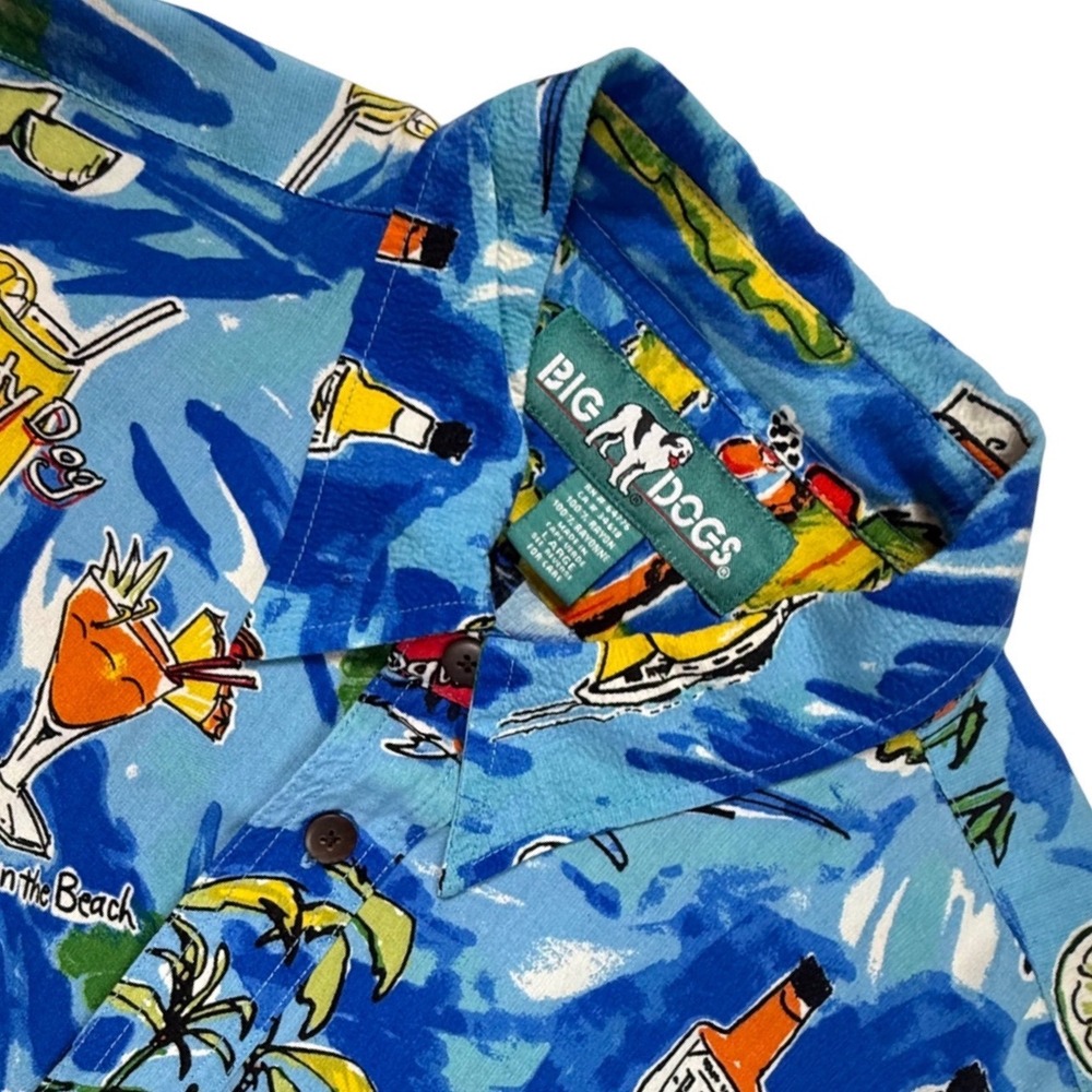 Big Dogs Mens Large Blue Rayon Hawaiian Shirt Tropical Cocktail Island Dog Print
